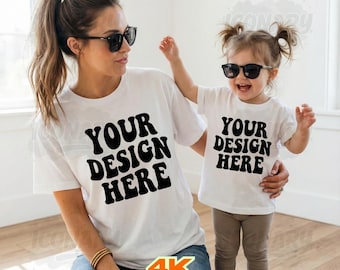 Mommy and me Mockup, Family Tshirt mockup, White shirt Mom girl Kids Family Mockup, White Bella Canvas 3001 T-shirt, Mama and mini Tshirt