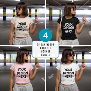 Gildan 5000B Baby Tee Mockup Bundle | 4 Womens Trendy Baby Tee Tshirt Mockup It-Girl Selfie Crop Top Mock Baby Tee Mockup Y2k Model Mockup