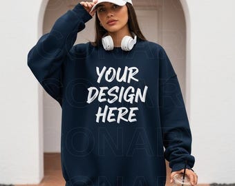 Gildan 18000 Mockup Navy Front Model Gildan 18000 Crewneck Mockup Navy Front Mockup Sweatshirt Mockup Navy 18000 Model Navy Sweatshirt 18000