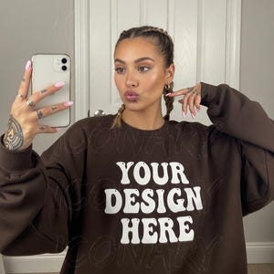 Gildan 18000 Dark Chocolate Sweatshirt Mockup | G180 Brown Crewneck Sweatshirt Mock-up | Trendy Model Mock | Trendy Casual Neutral Aesthetic