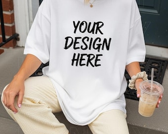 Comfort Colors C1717 White Mockup Oversized Shirt White Outdoors Mockup Aesthetic Mockup Iced Coffee Mockup Model Mockup Trendy Preppy White