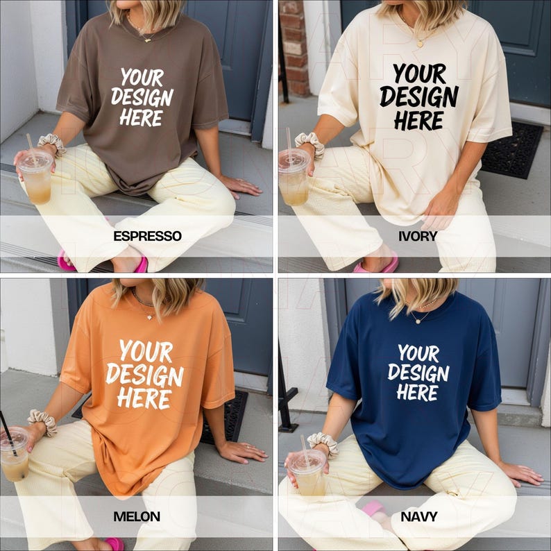 May include: Four oversized t-shirts in espresso, ivory, melon, and navy blue. Each shirt has the text "YOUR DESIGN HERE" in white. The shirts are displayed with the color names below them.