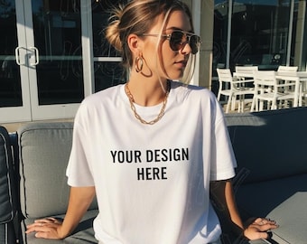 White Bella Canvas Shirt Beach Mockup 3001 White Tshirt Summer Mock up White BC3001 Tee Women Model Mock-up BC Aesthetic Outdoor Mockup 3001