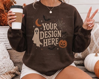 Dark Chocolate Gildan 18000 Fall Mockup, G180 Sweatshirt Halloween Mockup (Digital Download)