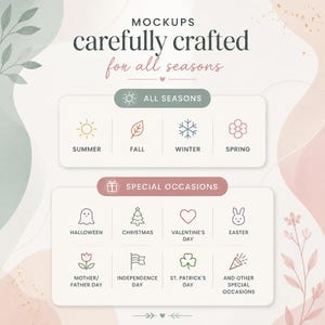 Puede incluir: Gr&aacute;fico con el texto "MOCKUPS carefully crafted for all seasons". Presenta iconos para verano, oto&ntilde;o, invierno y primavera, y ocasiones especiales como Halloween, Navidad, San Valent&iacute;n y Pascua.