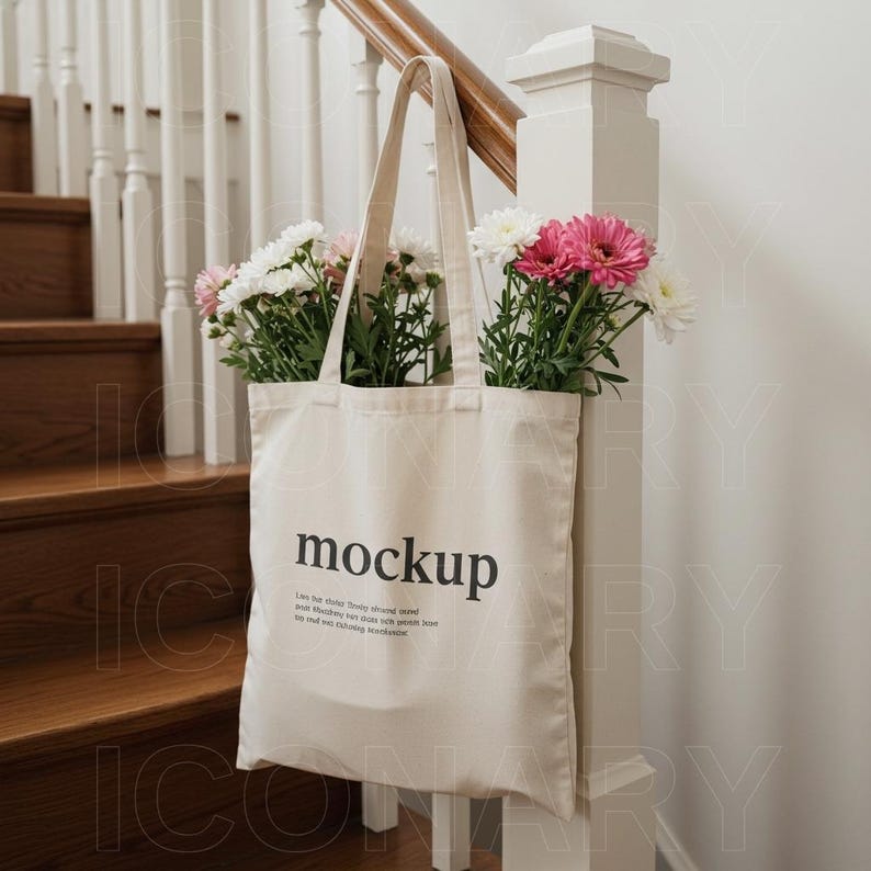 May include: A white canvas tote bag with black text that reads "mockup" and a short description of the word. The bag is hanging on a white railing with a bouquet of pink and white flowers.