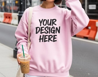 Gildan 18000 Light Pink Sweatshirt Mockup, G180 Mockup, Gildan 18000 Model Mockup, Summer Mockup, Trendy Sweatshirt, Pink Crewneck Mock