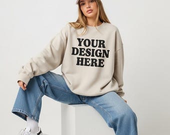 Gildan 18000 Sand Sweatshirt Mockup, Sweater Mockup, Crewneck Mockup, Neutral Sand Hoodie Mock, Gildan 18000 Sand Tee Casual Sand Sweatshirt
