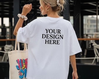 White Bella Canvas 3001 Back Mockup, Summer Shirt Mockup, Back Shirt Template, Women Shirt Model Mockup, T-Shirt Back Mockup Bella Canvas