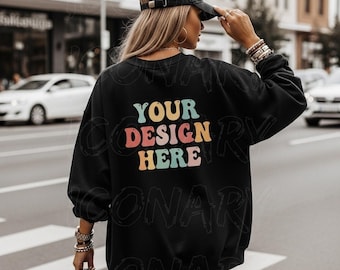Gildan 18000 Mockup, Black Gildan 18000 Back Sweatshirt Mockup, Oversized Crewneck Sweater Mock Woman Model Outdoors Lifestyle Mockup Street