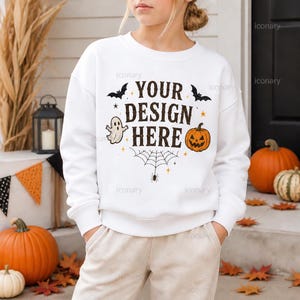 Kid's Halloween Sweatshirt Mockup, White Sweatshirt Mockup, Gildan 18000B Mockup, Youth Sweatshirt Mockup, Kid's Halloween, Halloween Mockup