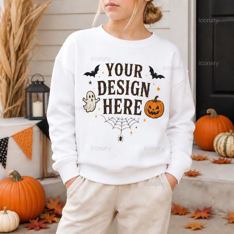 Kid's Halloween Sweatshirt Mockup, White Sweatshirt Mockup, Gildan 18000B Mockup, Youth Sweatshirt Mockup, Kid's Halloween, Halloween Mockup