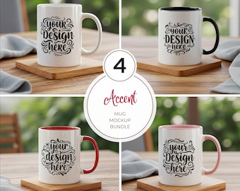 4x Akzent Kaffeetassen Mockup Bundle Weiße Keramik farbige Innenseite Tassen mit schwarz rot rosa Griff Blank Mockups 11 Unzen Akzent Mock Up Bundle