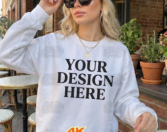Gildan 18000 White Sweatshirt Mockup G180 White Crewneck Mock-up Mockup Sweatshirt Model Mockup Gildan White 18000 Sweatshirt Lifestyle Mock