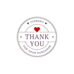 May include: A circular sticker with the text "THANK YOU" in a purple font, with a red heart above the text. The words "FOR YOUR PURCHASE" are written in a curved font at the bottom of the circle. The word "ICONARY" is written at the top of the circle.