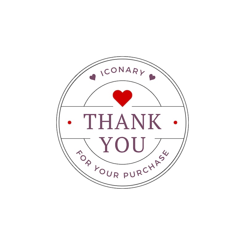 May include: A circular sticker with the text "THANK YOU" in a purple font, with a red heart above the text. The words "FOR YOUR PURCHASE" are written in a curved font at the bottom of the circle. The word "ICONARY" is written at the top of the circle.