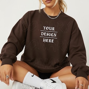 Gildan 18000 Dark Chocolate Sweatshirt Mockup | Trendy Model Mock-Up G180 Crewneck Sweater | Neutral Casual Studio Simple Oversized Mock