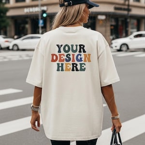 Comfort Colors C1717 Ivory Mockup | Back of Tshirt Mockup Oversized 1717 | Streetwear Outdoor Lifestyle Aesthetic Female Model Mock Iconary