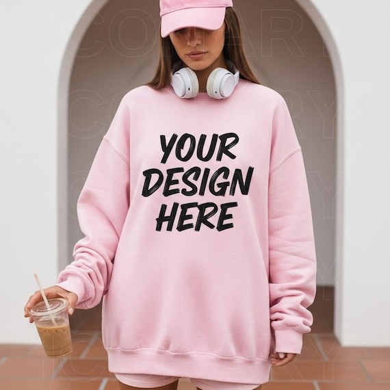 Gildan 18000 Light Pink Mockup, Oversized Light Pink Hoodie Mockup, Gildan Pink Crewneck, Model Mockup, Outdoors Mockup, Model With Coffee