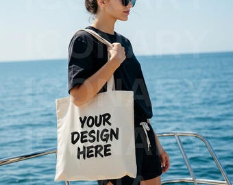 Tote Bag Beach Mockup | Natural Canvas Tote Bag Mock | Lifestyle Tote Bag Mock | Model Tote Bag | Canvas Tote Bag Model | POD Mockup