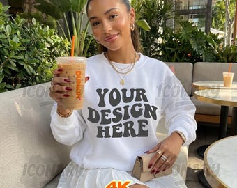 Gildan 18000 White Mockup, Crewneck Sweatshirt Mockup, G180 Mockup Woman Model Mockup Light White Sweater Blank Mockup Template Download