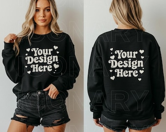 Gildan 18000 Mockup Bundle Flat Lay, 18000 Pullover Bundle, Gildan Modell Mockups, Sweatshirt Mockups Schwarz Vorder- und Rückseite, Vorderseite Rücken Mockup