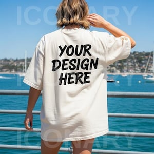 Comfort Colors Ivory Shirt, Back of C1717 Ivory Beach Mockup, Bachelorette Mocks, Ivory 1717 Oversized Trendy Summer Mock Up, Blonde Model