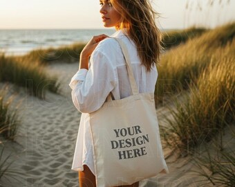 Tote Bag Beach Mockup | Natural Canvas Tote Bag Mock | Lifestyle Tote Bag Mock | Model Tote Bag | Canvas Tote Bag Model | POD Mockup