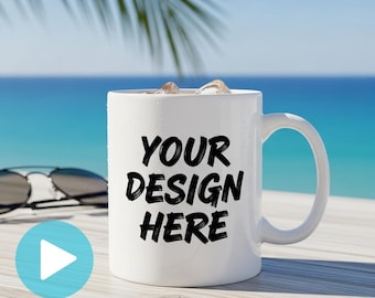 11 Unzen weiße Tasse Mockup Video, weiße Tasse Kaffeetasse Mockup, weiße Tasse Video Mockup, trendige Sommertasse Mockup, Printive Tasse Mockup Video Strand