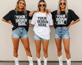 Bachelorette Mockup Comfort Colors C1717 White & Black Western Oversized Friends Mockup Group Mockup 3 Person Mockup Cowgirl Wedding Mockup