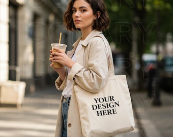 Tote Bag Mockup, Canvas Tote Bag Mockup, Summer Beach Boho Woman - Female Mockup, Urban Morning Bag, Tote Bag Mock, Boho Tote Bag Designers