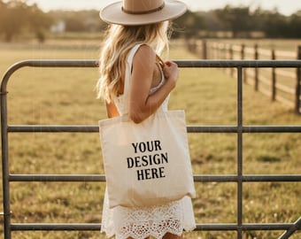 Canvas Tote Bag Mockup Natural - Model Tote Bag Mockup - Boho Tote Bag Mockup - Western Tote Bag Mockup- Cowgirl Bride Tote Bag Mockup