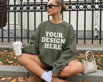 Gildan 18000 Lifestyle Mockup | G180 Military Green Sweatshirt Model Mock-Up, Fall Cozy Oversized Crew, Trendy Casual Boho Autumn Sweater