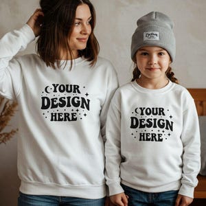 Mommy and Me Sweatshirt Mockup | Gildan 18000 and 18000b | Toddler White Sweatshirt Mockup | Mother and Child Mockup, Mama Mini Mockup