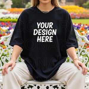 Comfort Colors C1717 Cottagecore Black Shirt Mockup, CC1717 Black T-Shirt Mockup, Graphic Tee Mockup, Black Shirt Mockup, Woman Model Mockup
