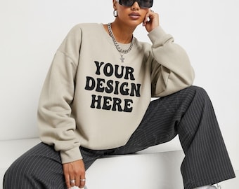 Gildan 18000 Sand Sweatshirt Mockup, Sweater Mockup, Crewneck Mockup, Neutral Sand Hoodie Mock, Gildan 18000 Sand Tee Casual Sand Sweatshirt