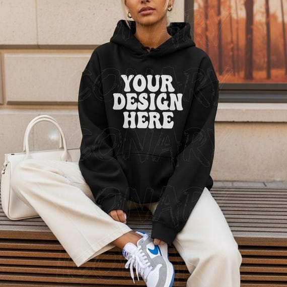 Fall Gildan 18500 Mockup, Black Oversized Hoodie Mockup, Trendy Hooded Sweatshirt Mockup, 18500 Black Gildan 18500 Outdoors Lifestyle Mockup
