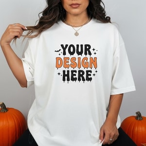 White C1717 Halloween Shirt Mockup, Spooky Halloween Mockups, Model Comfort Colors Mockup, Oversized Mockup, Fall Shirt Mockup C1717 Mockup