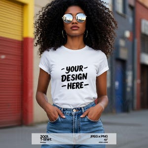 African American white tshirt mockup Bella Canvas 3001 black Tshirt Mock up black model mockup city view mockup
