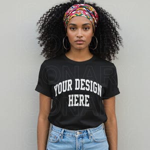 Gildan 64000 Black T-Shirt Mockup, Black Model Mockup, Womens Gildan 64000 Shirt Mockup, African American, Female Simple Tshirt Mockup