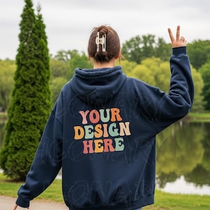 Gildan 18500 Mockup | Gildan Navy Blue Hoodie Back Mock up | G185 Model Mockups | Oversized Navy Back Of Hoodie Mockup | Cozy Boho Lifestyle