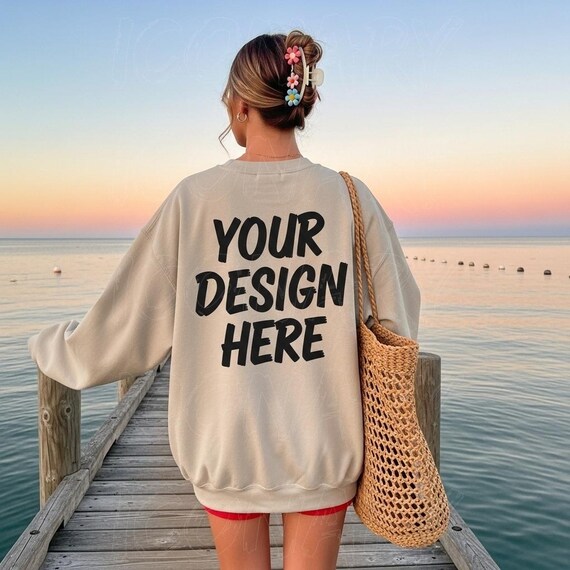 Back Mockup 18000 Sand, Beach Mockup Gildan 18000 Sand, Outdoor Mockup, Sand Sweater mockup, 18000 Sand Mockup, Trendy Oversized Mockup