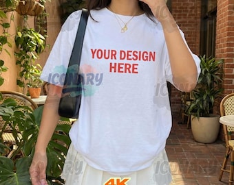 White Comfort Colors 1717 TShirt Mockup, C1717 White T-Shirt Mock-up, Trendy Y2K Woman Shirt Mockup, Lifestyle Tee Mockup Streetwear Mockup