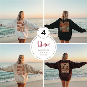以下が含まれることがあります： 「Your Design Here」という文字が背中に書かれた、女性のトレーナーが4着。トレーナーの色は、白、黒、ベージュ、茶色の4色です。女性たちは、海を背景にビーチに立っています。