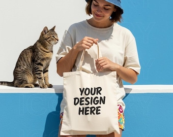 Mockup draagtas | Nep draagtas van natuurlijk canvas | Lifestyle draagtasmodel, model draagtas, canvas draagtasmodel, print-on-demandmodel kat
