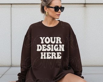 Gildan 18000 Dark Chocolate Sweatshirt Mockup Oversized Dark Chocolate Crewneck Mockup Gildan Brown Sweatshirt Mock Trendy Model Mockup