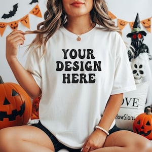 White C1717 Halloween Shirt Mockup, Spooky Halloween Mockups, Model Comfort Colors Mockup, Oversized Mockup, Fall Shirt Mockup C1717 Mockup
