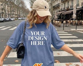 Comfort Colors Blue Jean Tshirt Mockup, C1717 Denim Front, Oversized Blue Shirt Trendy Aesthetic, Simple Professional Mock Up Female Model