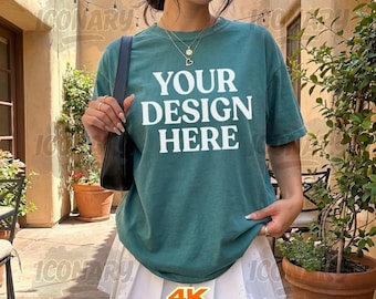Comfort Colors Blue Spruce Mockup | Front of C1717 | Blue Spruce T Shirt Mock-up | Blue Spruce 1717 | Outdoor Lifestyle | Women Model Mockup