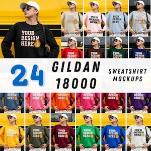 Lot de 24 maquettes de sweat-shirts, maquette Gildan pour femme, maquettes de modèle tendance, maquette Gildan 18000, maquettes de sweat-shirt Gildan, maquettes d&#39;extérieur G180